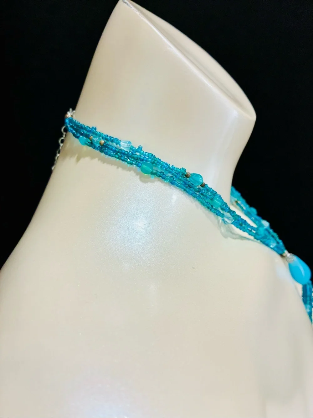 Aqua Blue Multi-Strand Tassel Necklace with Teardrop Pendant - Women Jewelry